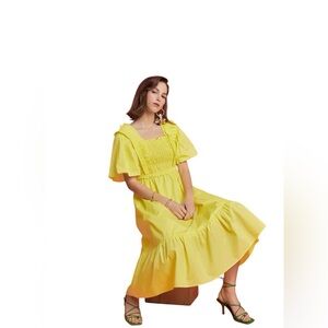 English Factory Lime Yellow Square Neck Puff Sleeve Ruffled Midi Dress Sz XS